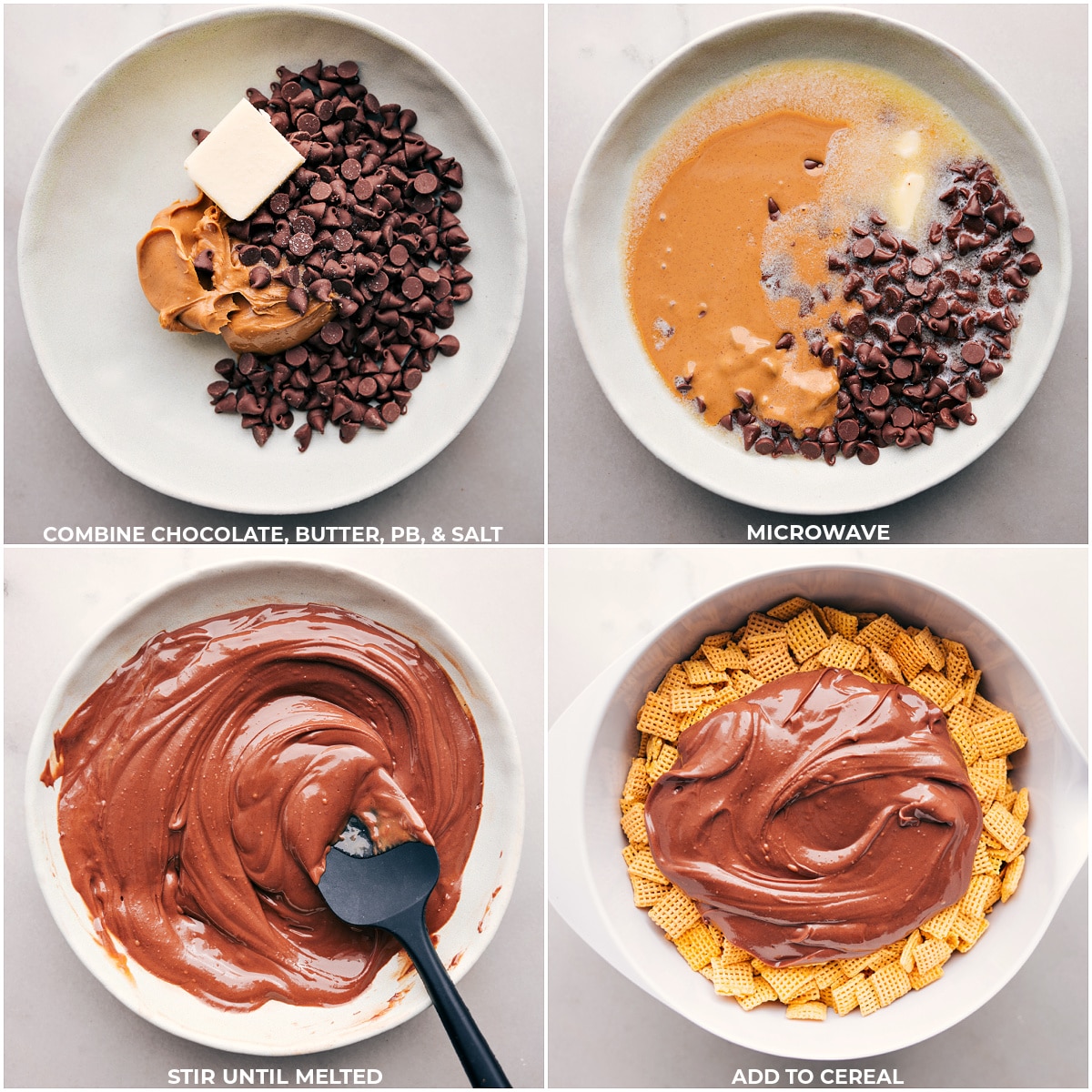 Melting together chocolate, peanut butter, butter, & salt then adding that to the cereal for Valentine Muddy Buddies. 
