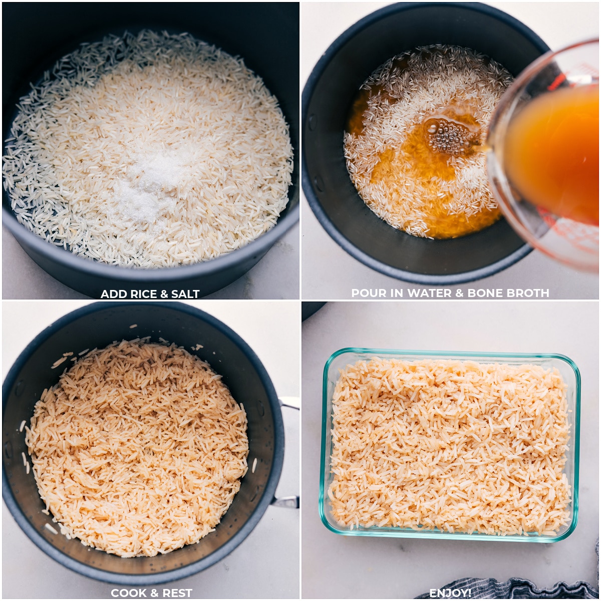 Rice, salt, water, and bone broth being added to a pot and the Bone Broth Rice being cooked to perfection.