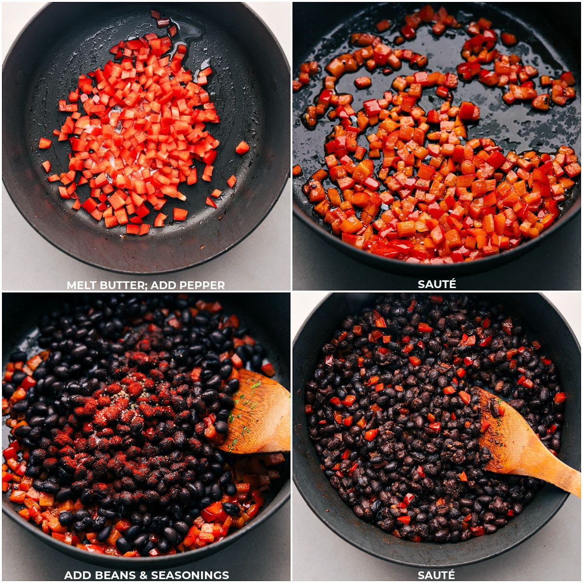 Peppers, beans, and seasonings being sautéed for these Black Bean Burrito bowls.