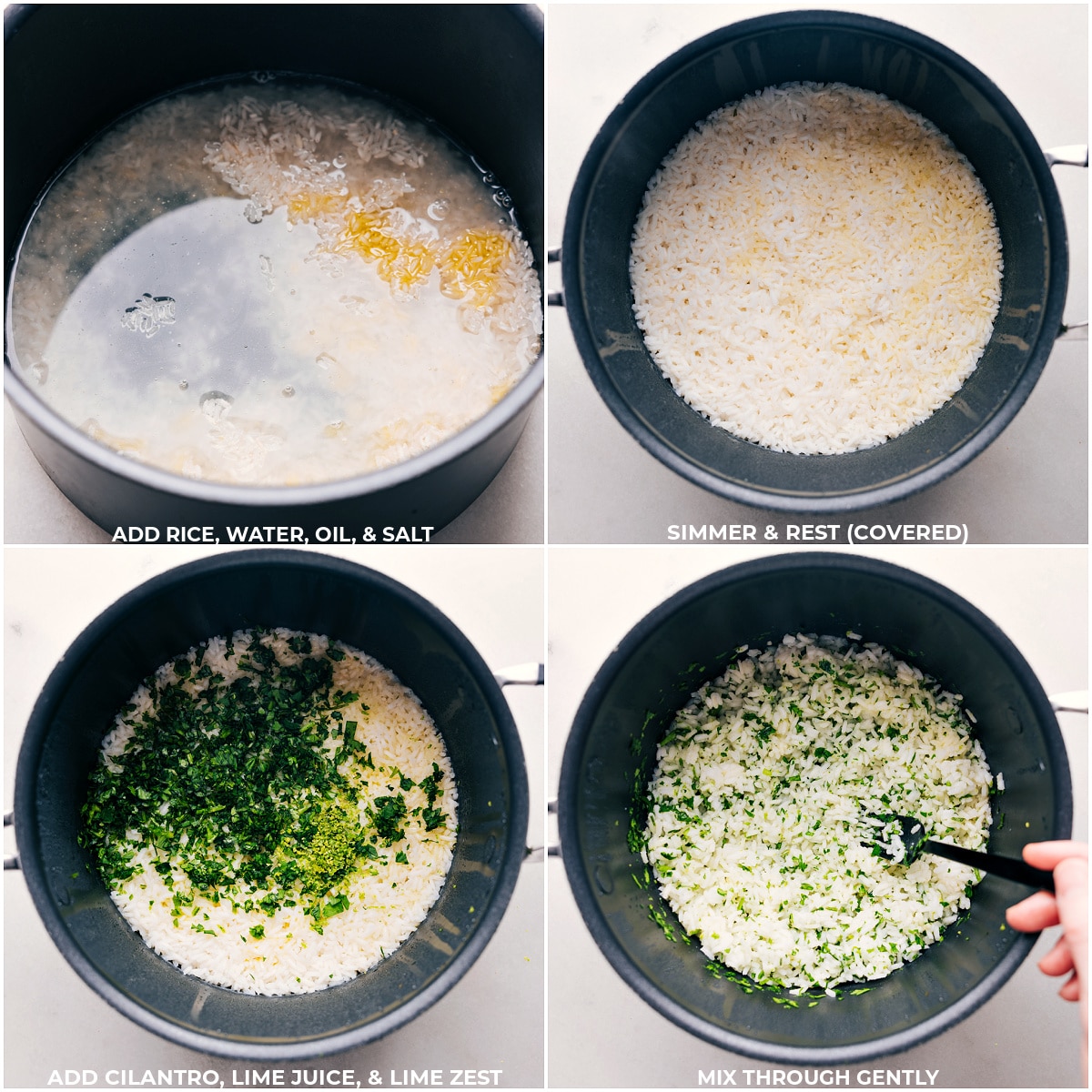 Rice, water, oil, and salt being added to a pot and cooked, then the cilantro, lime juice, and lime zest being mixed through for this Cilantro-Lime Rice.