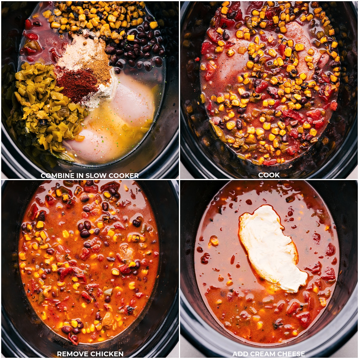 All the ingredients being added to the slow cooker and it all being cooked for this crack chicken chili.