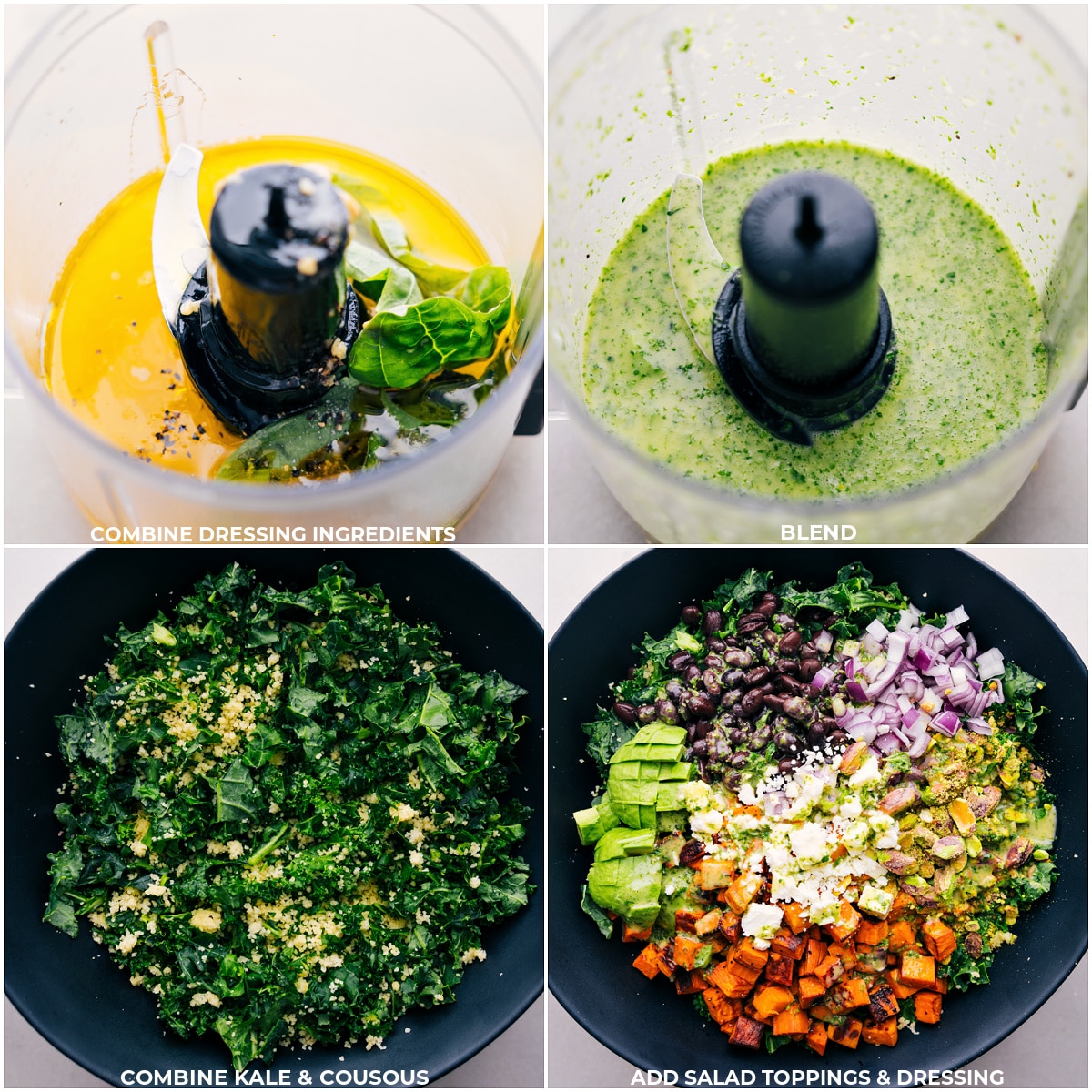 All the dressing ingredients being blended together then the kale, couscous, and rest of the salad toppings all being added for this kale sweet potato salad.