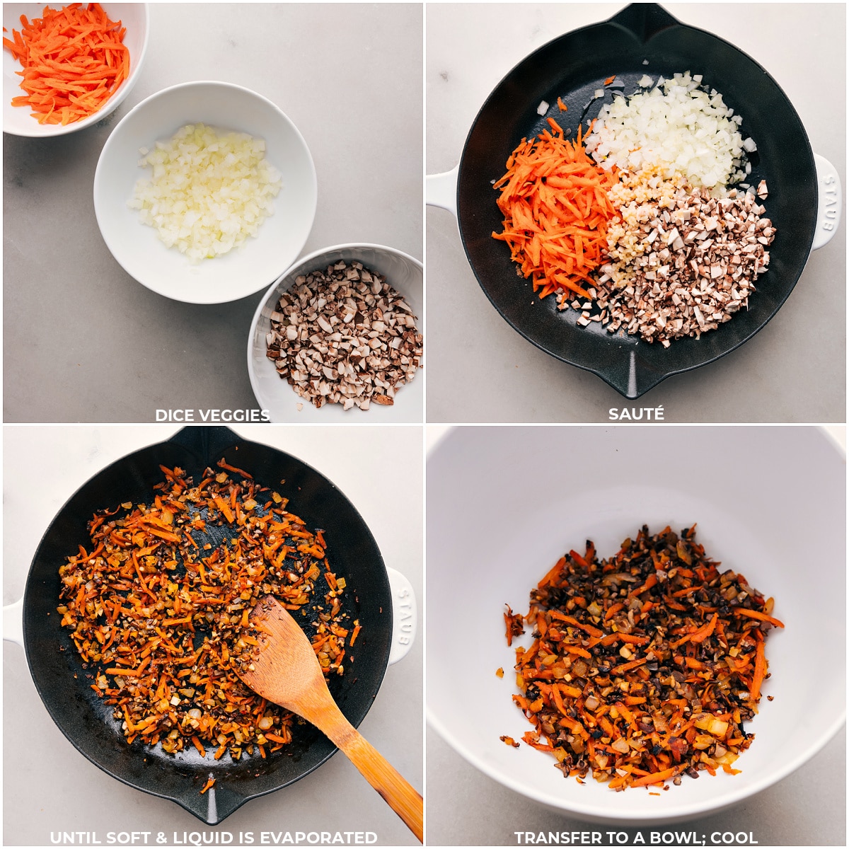 All the veggies being sautéed and transferred to a bowl to cool.