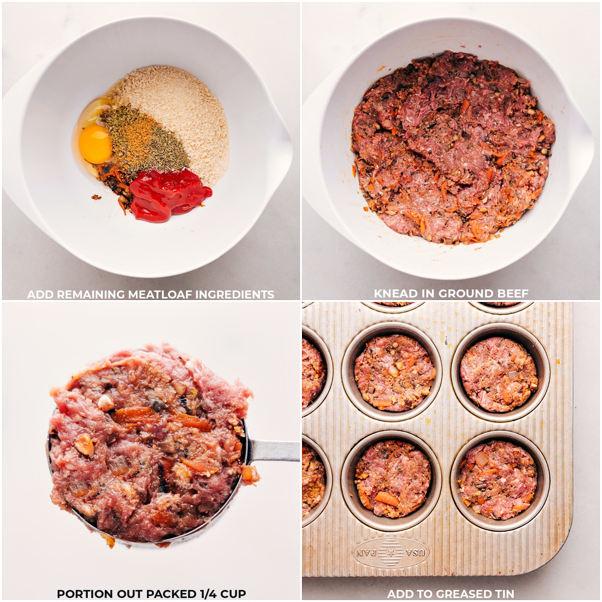All the Mini Meatloaf ingredients being added to a bowl and mixed together, then added to a greased muffin tin.