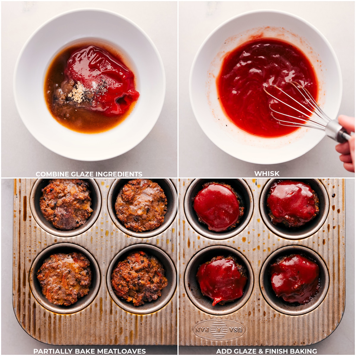 The glaze ingredients being mixed together and drizzled over the meatloaves and it all being baked.