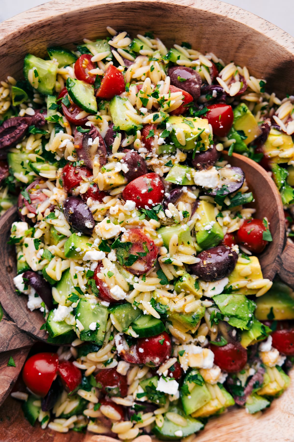 The Mediterranean Orzo Salad in a bowl ready to be served.
