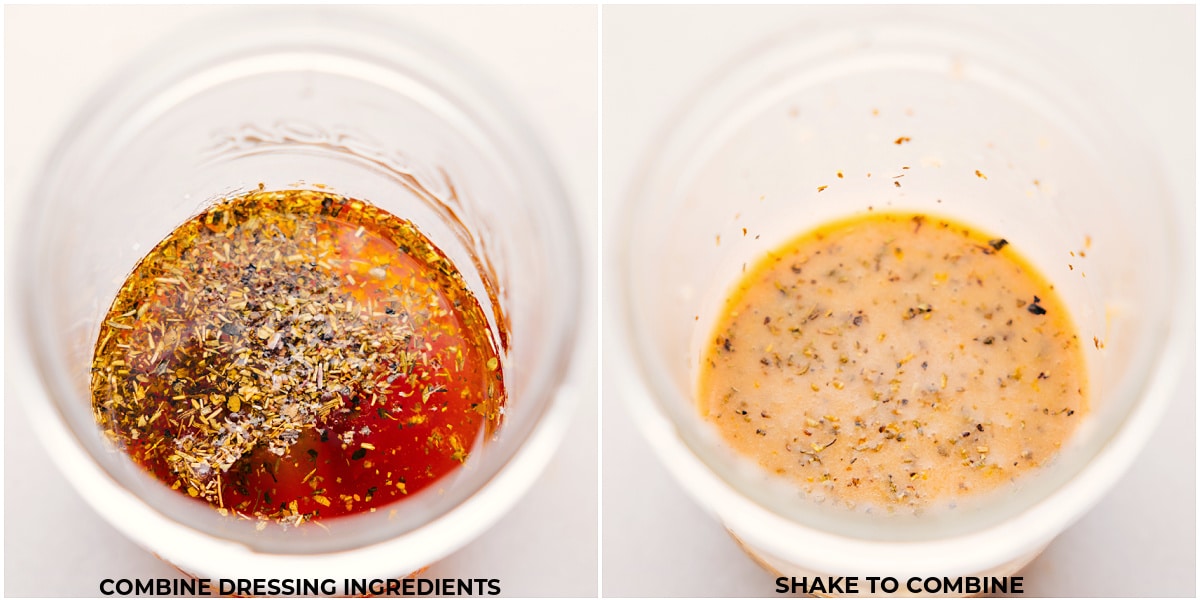 Dressing ingredients before and after combining.