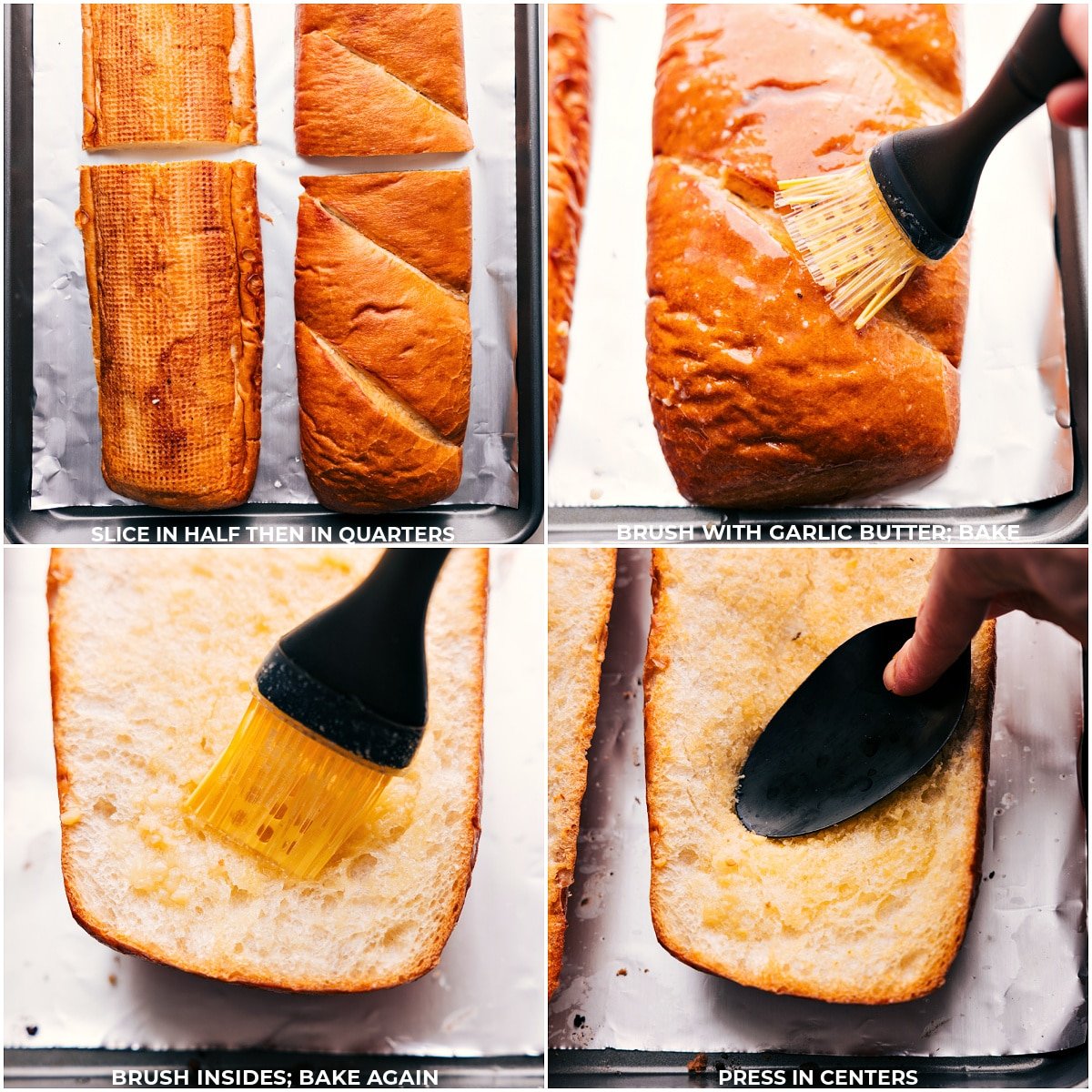 The French bread being toasted in the oven for Sloppy Joe Pizzas.