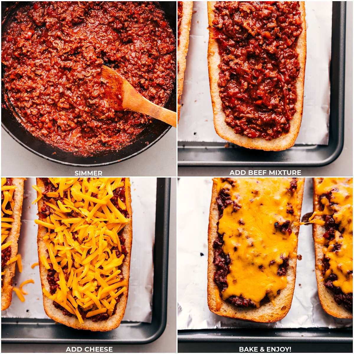 The meat mixture simmering then being added to the French bread, cheese being added on top, and the Sloppy Joe Pizzas being baked.