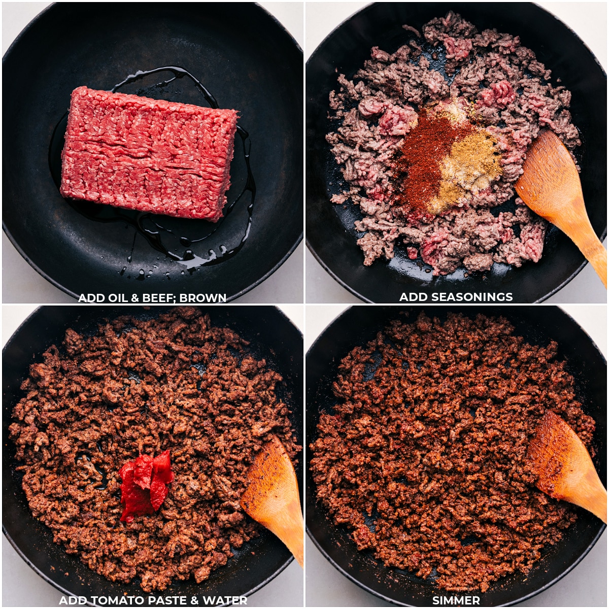 Beef, seasonings, tomato paste, and water being added to the skillet for this Taco Meat Recipe.