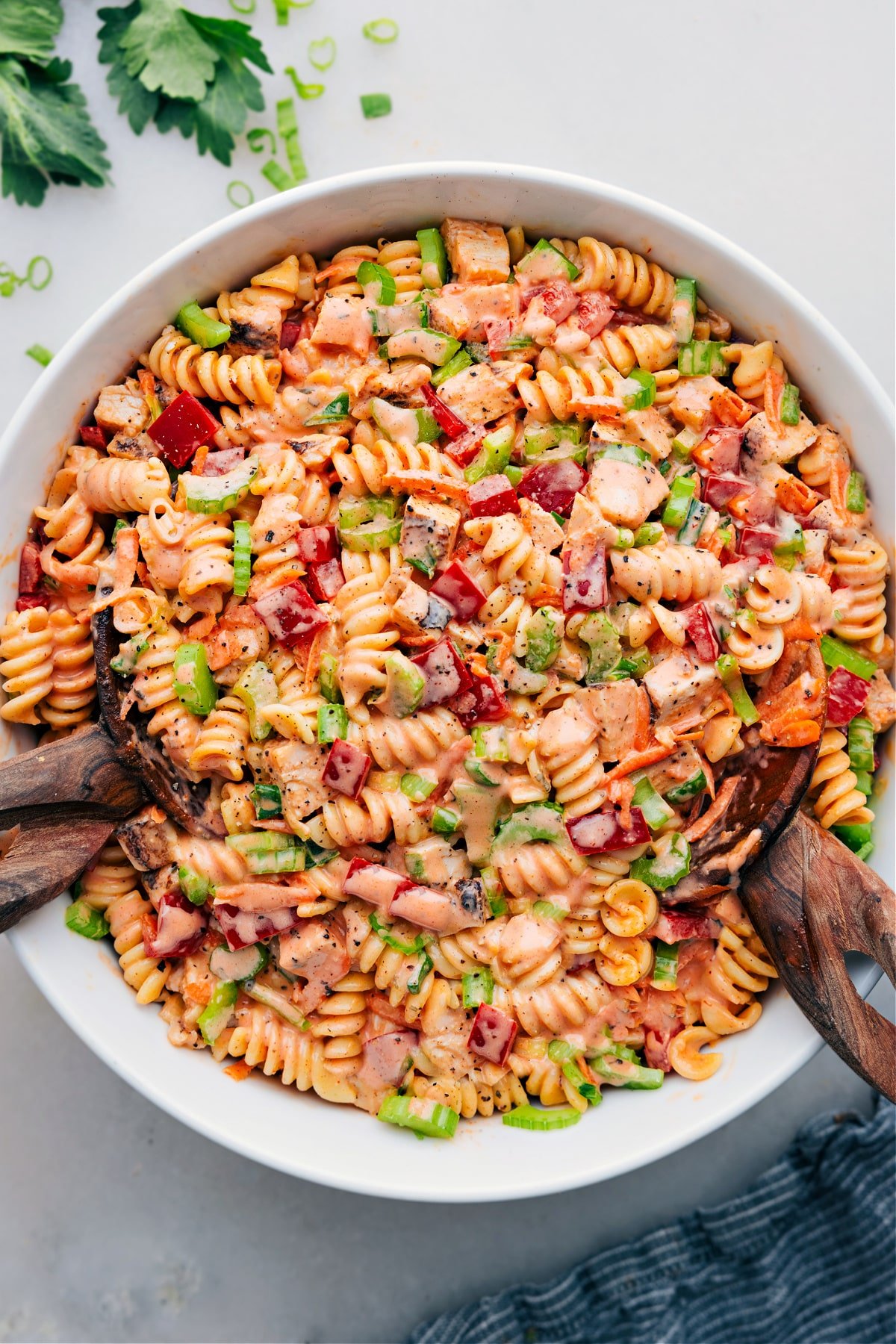 Buffalo Chicken Pasta Salad in a bowl.