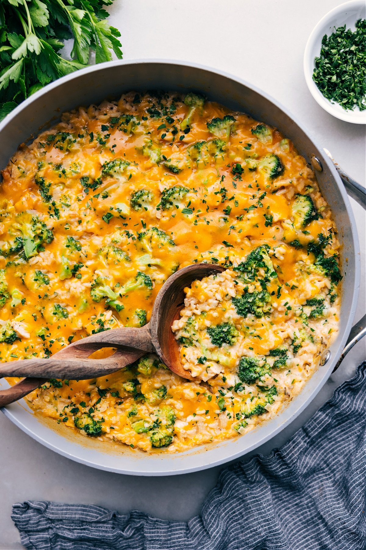 One skillet Creamy Chicken Broccoli Rice Casserole recipe freshly made, ready to be enjoyed.