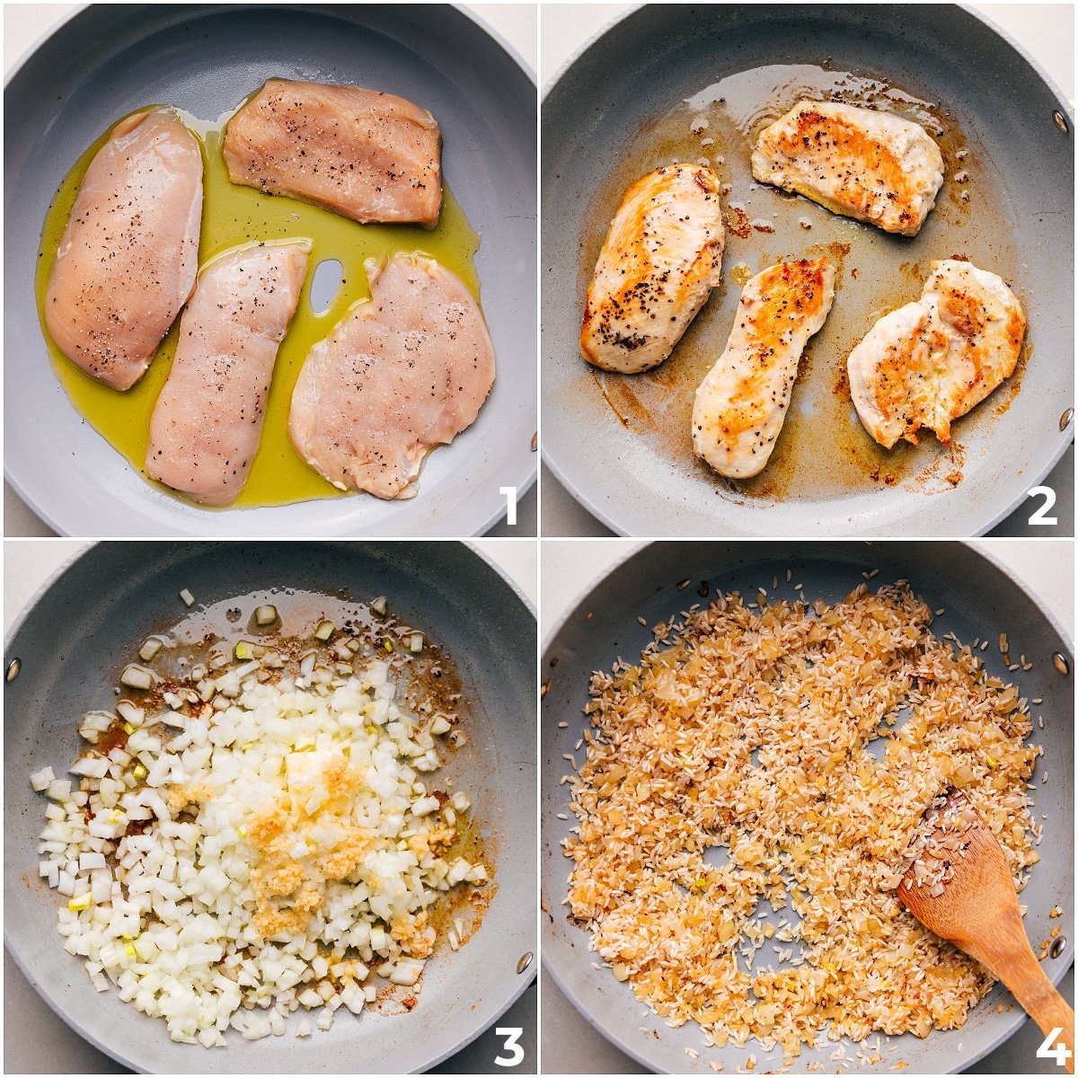 The chicken being cooked, then the onions, garlic, and rice being sautéed for this Creamy Chicken Broccoli Rice Casserole.