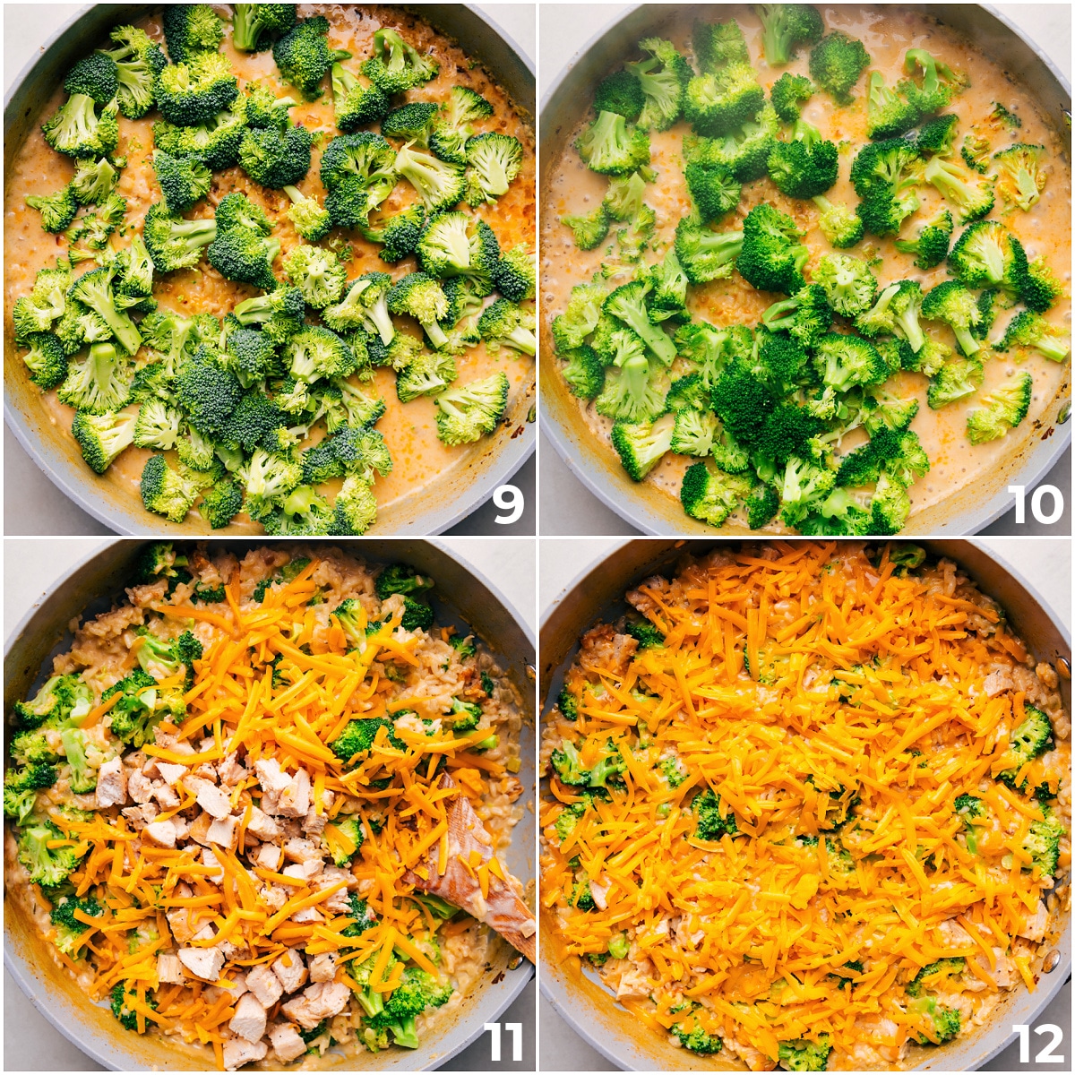 Broccoli, cheese, and chicken being added to the skillet for this delicious Creamy Chicken Broccoli Rice Casserole.