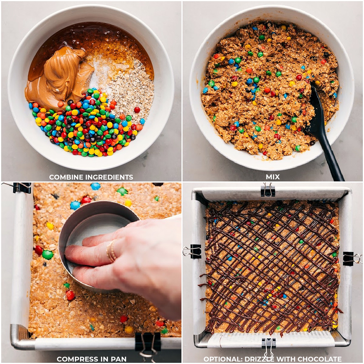 All the ingredients being combined in a bowl for this energy bars recipe. Then the bars being spread in a pan and chocolate being drizzled on top.