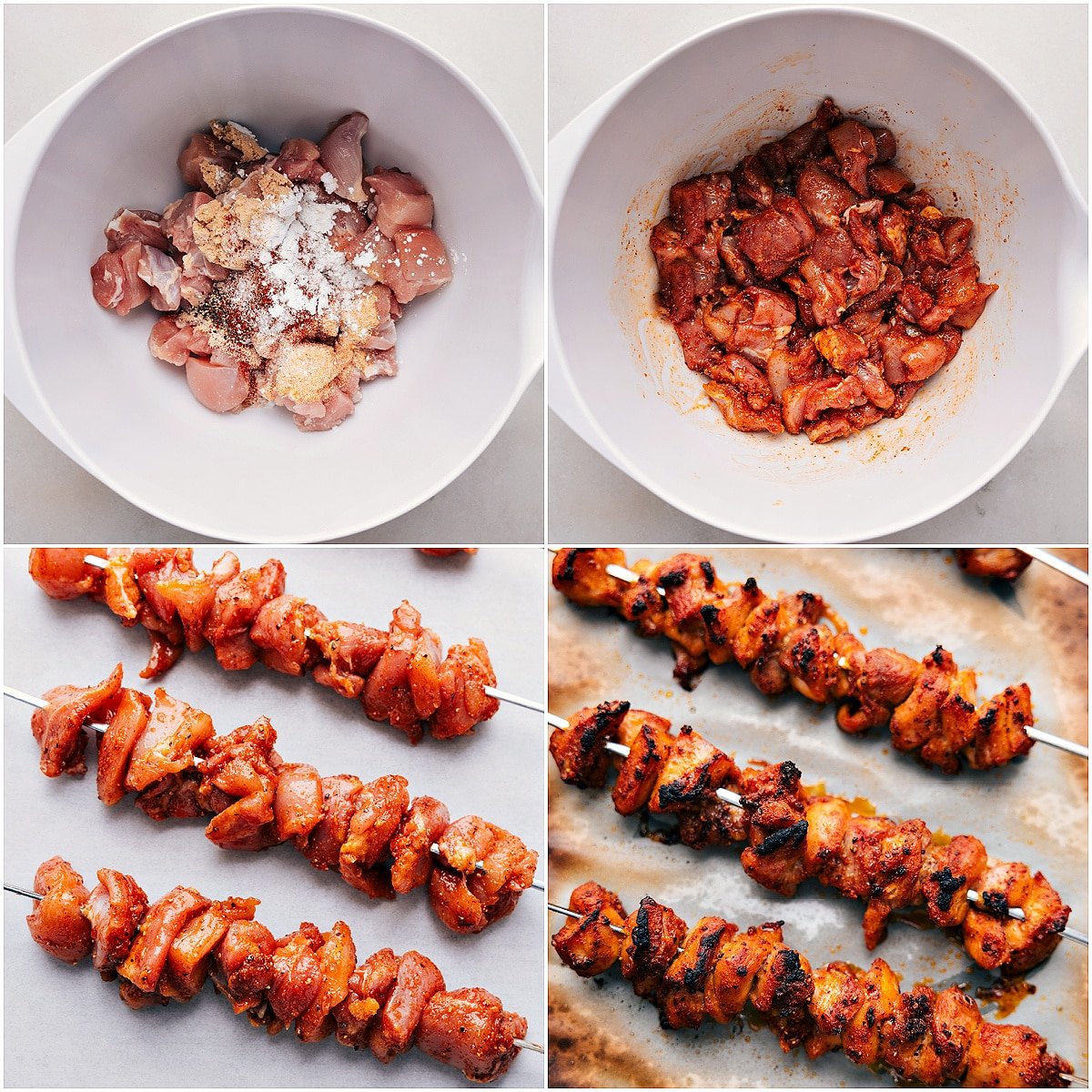 All the ingredients being tossed in a bowl for the baked chicken bites and then them being layered onto a skewer and being baked.