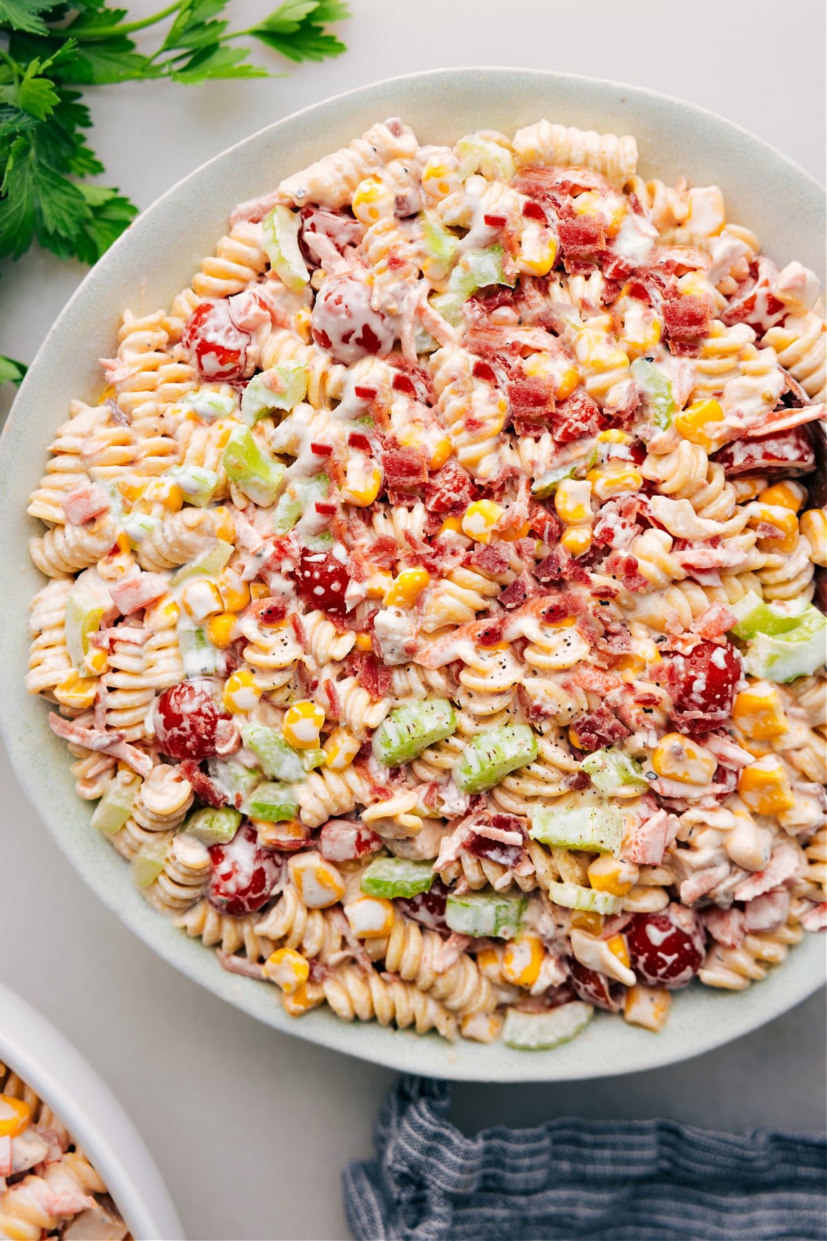 Chicken Pasta Salad in a bowl ready to be served.