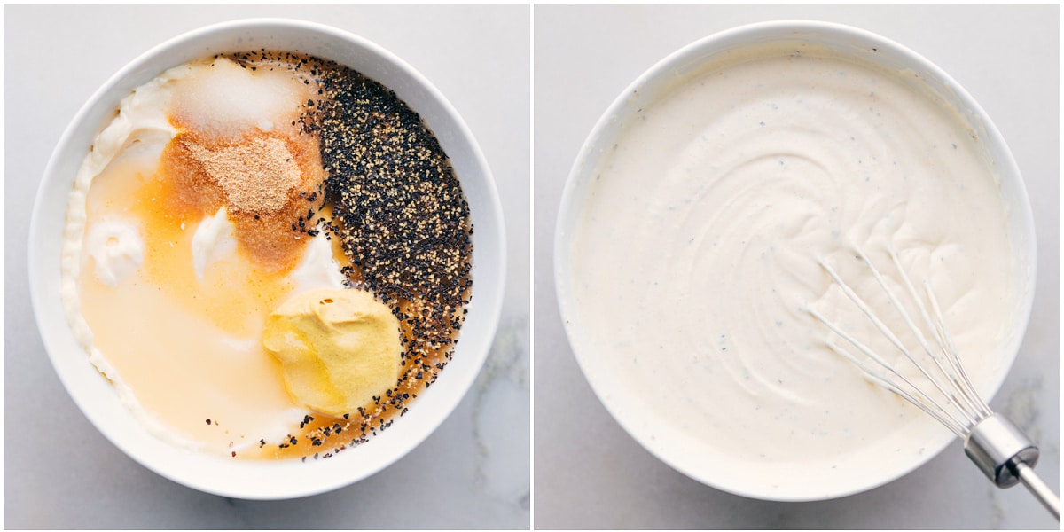 The dressing being whisked together in a bowl for this dish.