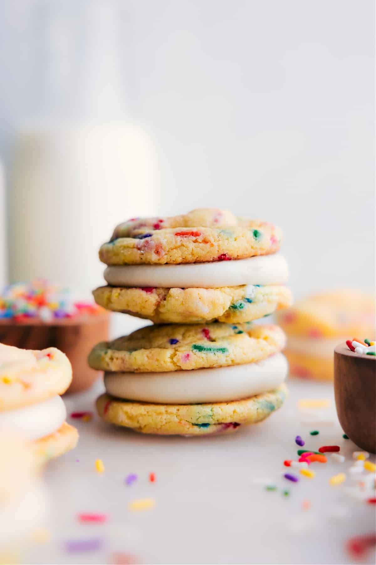 The dessert made in whoopie pie form stacked on top of each other.