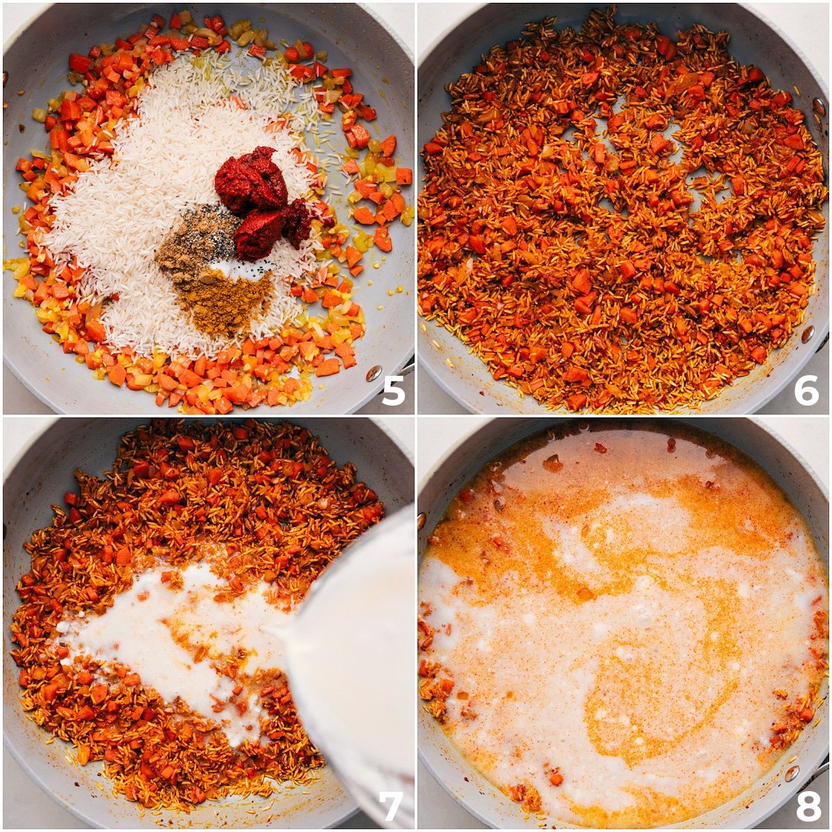 Rice, seasonings, coconut milk, and curry paste being added to the pot.