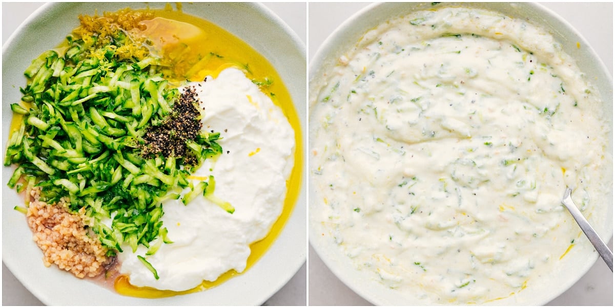 The tzatziki sauce being assembled and mixed together.