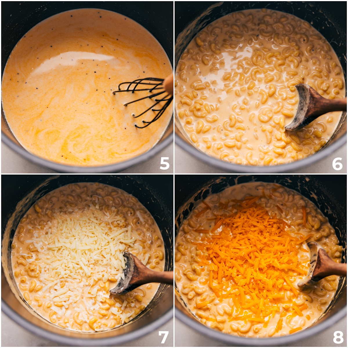 The pasta being added and the different cheese being mixed in.