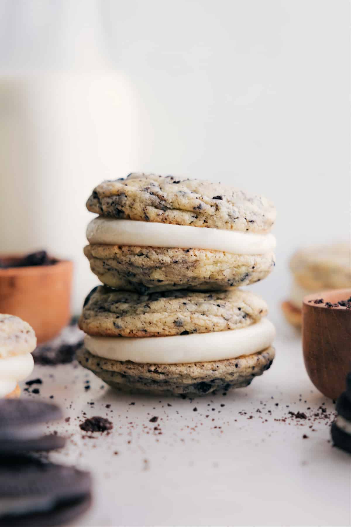 Oreo Whoopie Pies stacked on top of each other.
