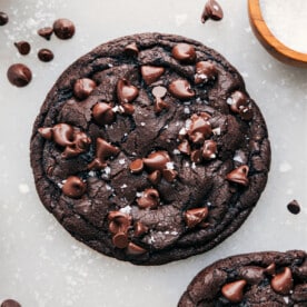 Single Serve Double Chocolate Cookie show from above with sea salt on top.