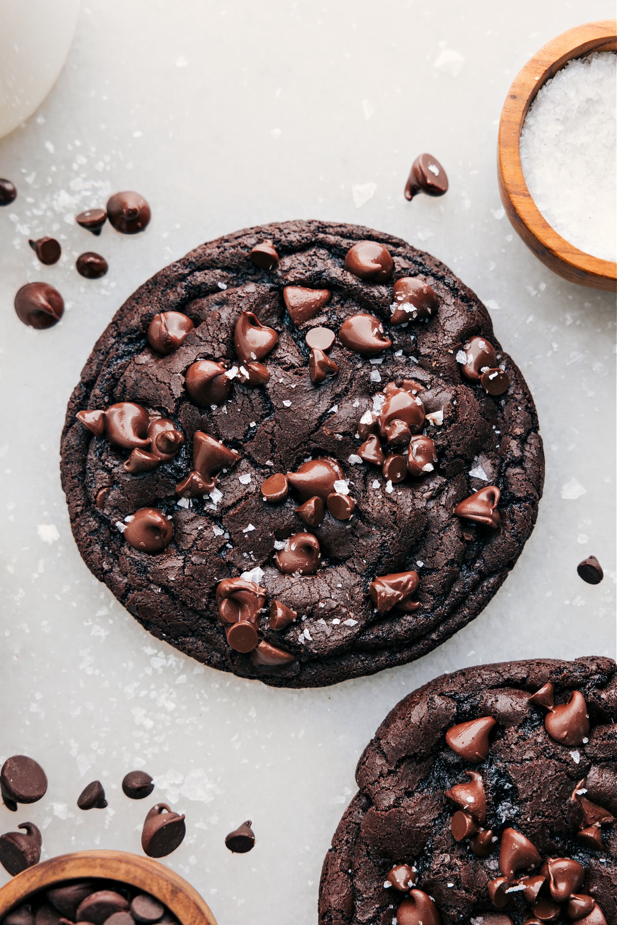 Single Serve Double Chocolate Cookie show from above with sea salt on top.