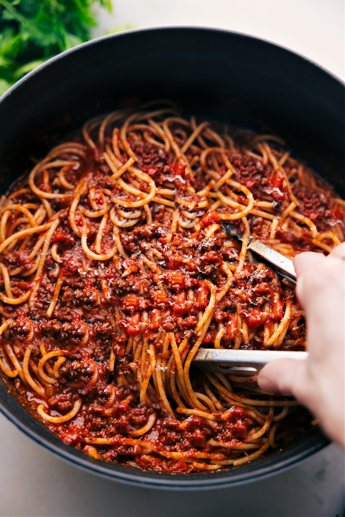 Spaghetti Bolognese recipe in the pot.