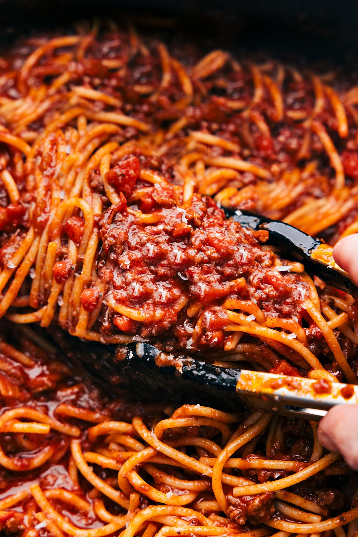 Spaghetti Bolognese with tongs scooping some up some.