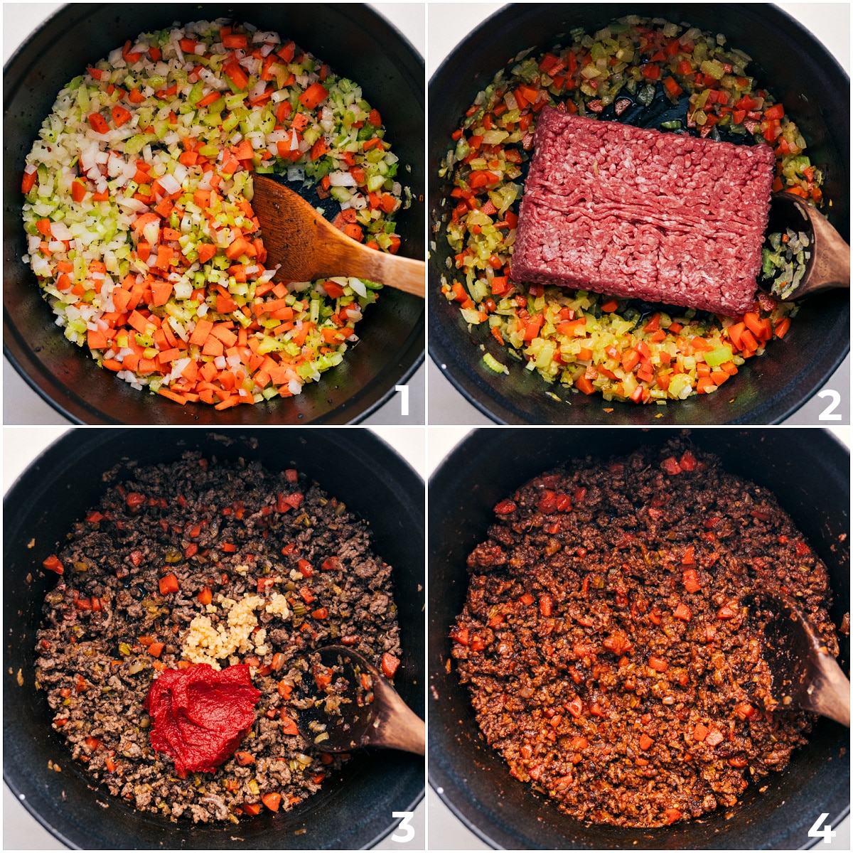 The veggies being sautéed, then beef being added and browned, and finally the tomato paste and garlic being added and cooked into it.