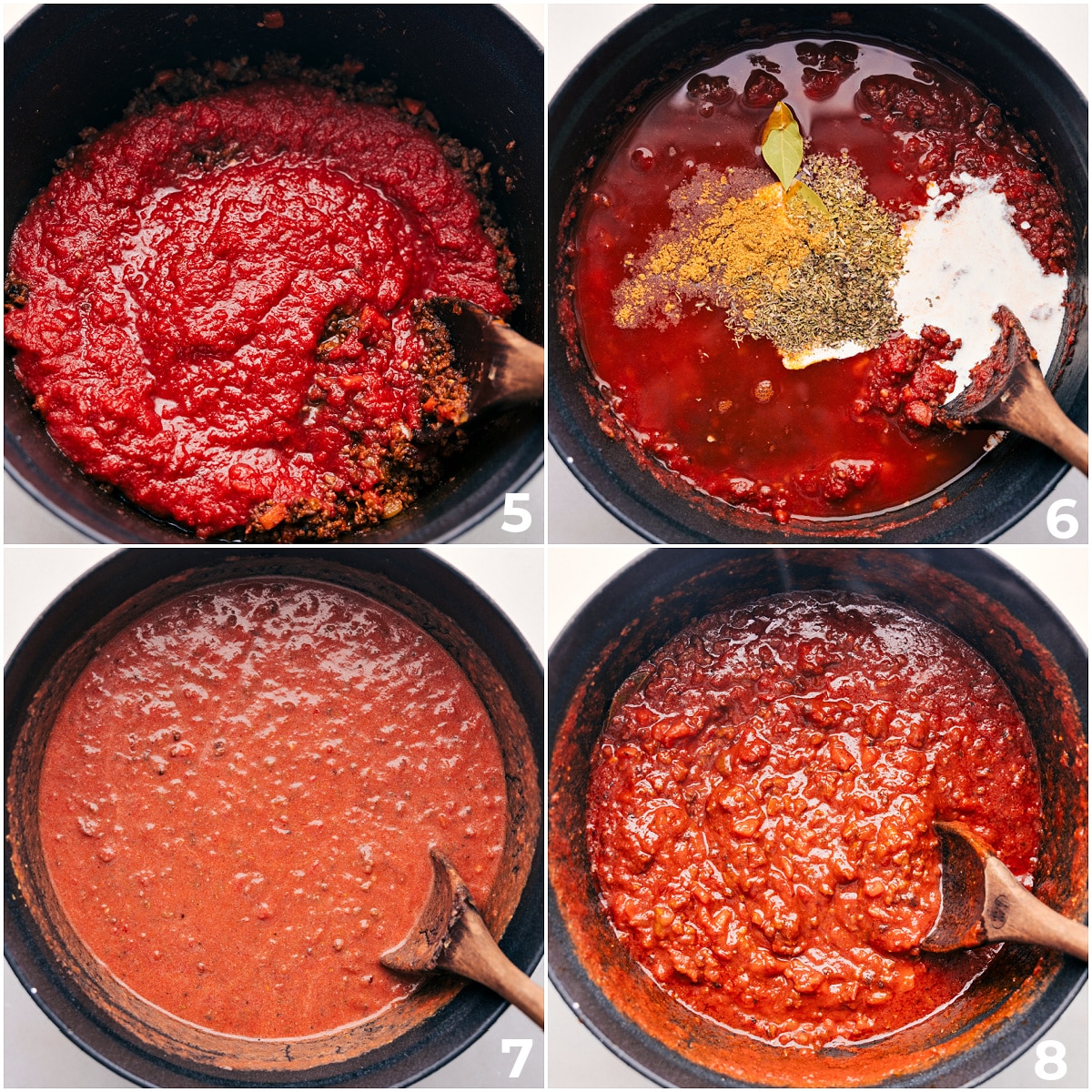 The crushed tomatoes, seasonings, and cream being added to the pot for this easy spaghetti bolognese.