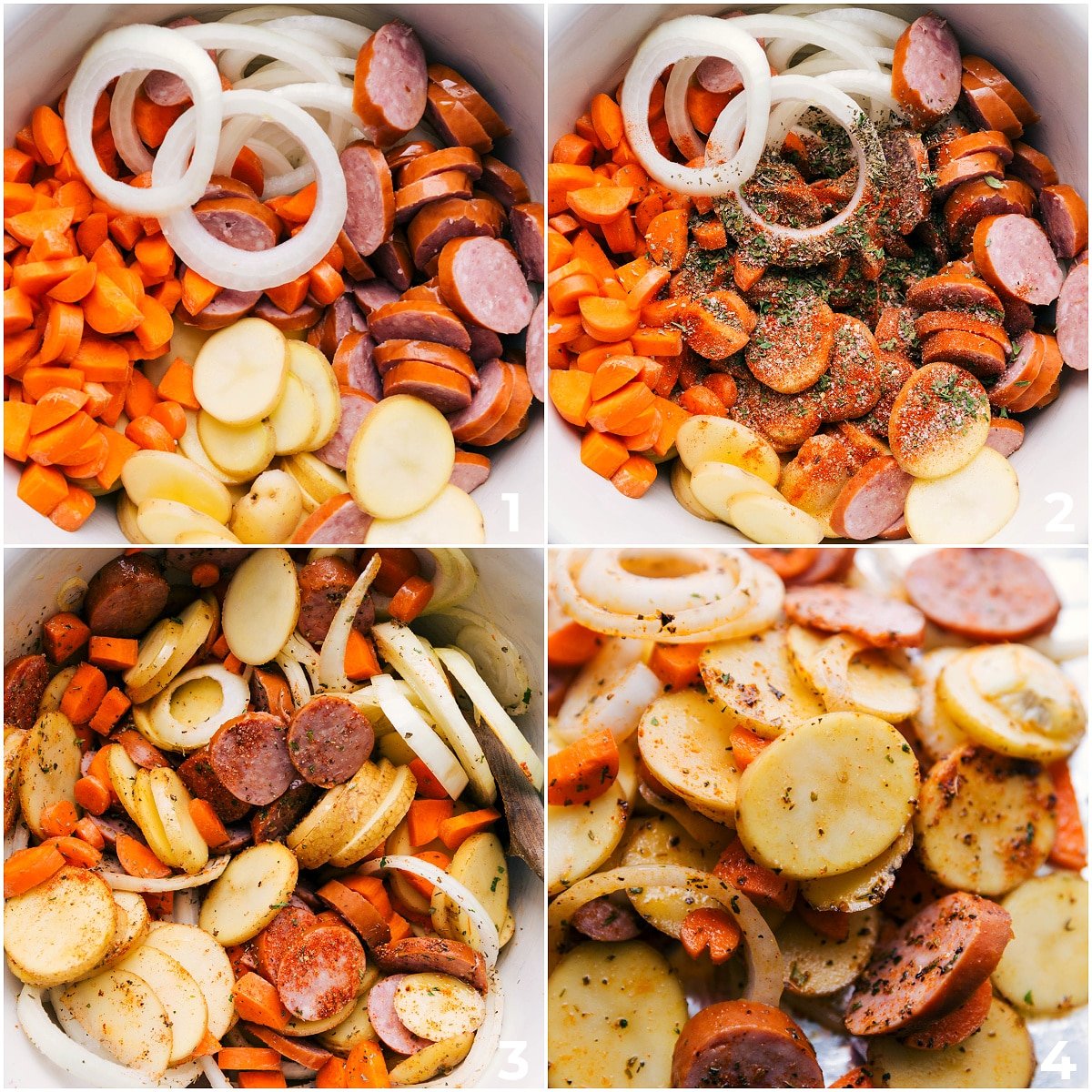 All the ingredients assembled in a bowl and it all being mixed together and assembled in a foil pack for these hobo foil packets.