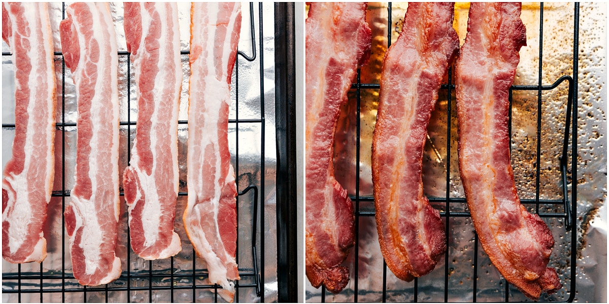 The bacon being baked in the oven for a quick clean up.