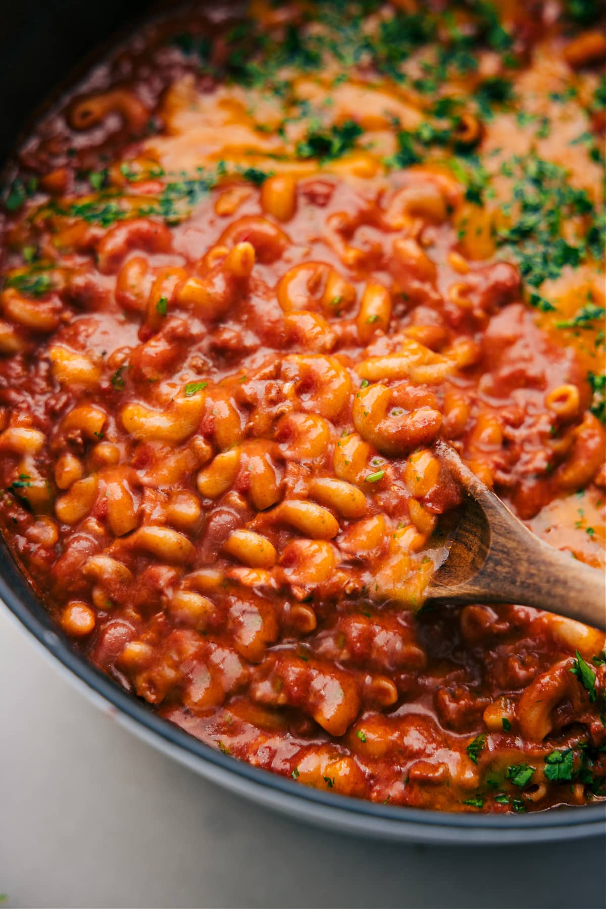 The Best One Pot Chili Mac One pot chili mac freshly made in the pot.