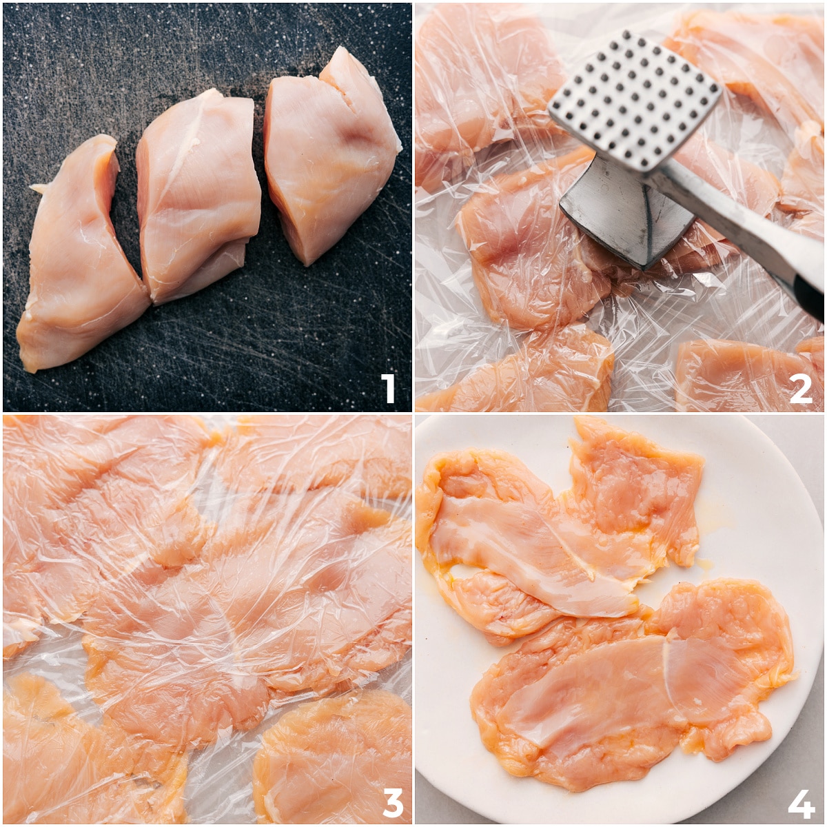 The chicken cutlets are prepped and pounded to an even thickness.