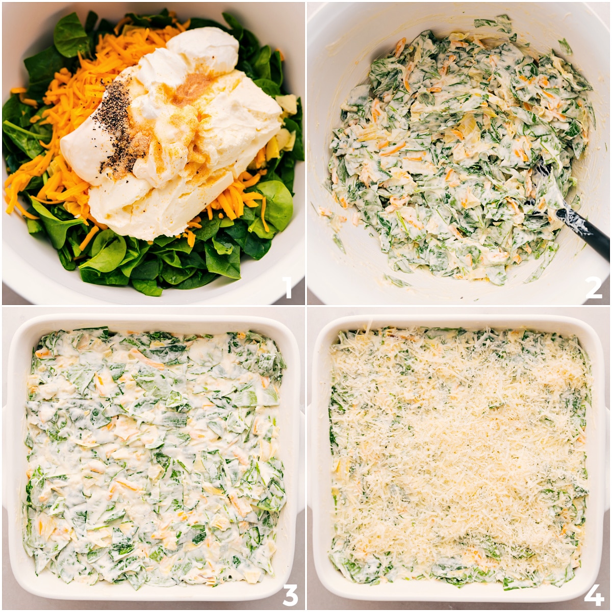 All the ingredients are tossed together in a bowl, then spread into a pan to bake this Spinach Artichoke Dip.