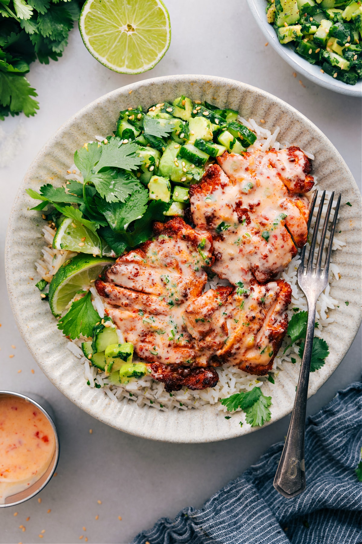 The Best Bang Bang Chicken Recipe Bang Bang Chicken served on a bed of coconut rice, paired with a refreshing cucumber salad on the side.