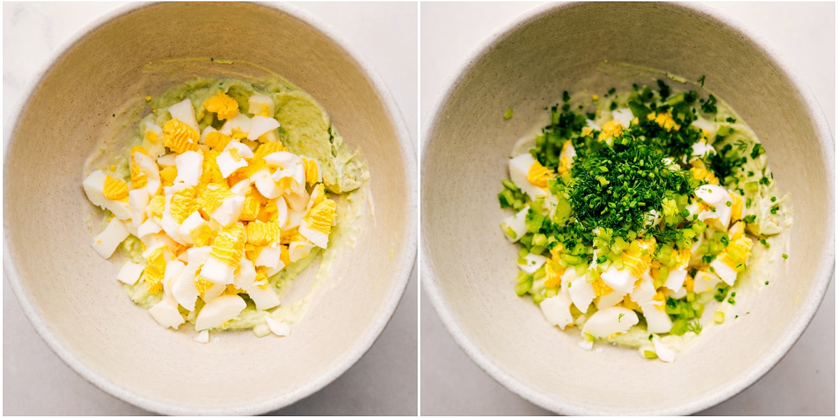 The chopped eggs and herbs added to the mixture.