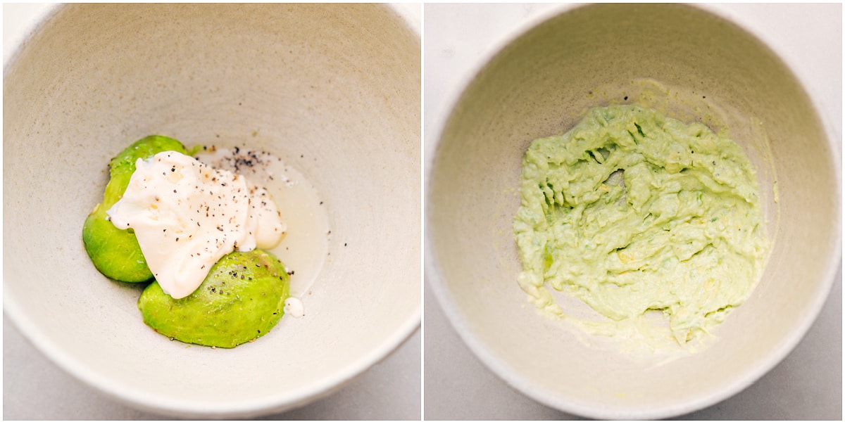 The avocado, lemon juice, mayo, salt, and pepper are mashed together in a bowl for this avocado egg salad.