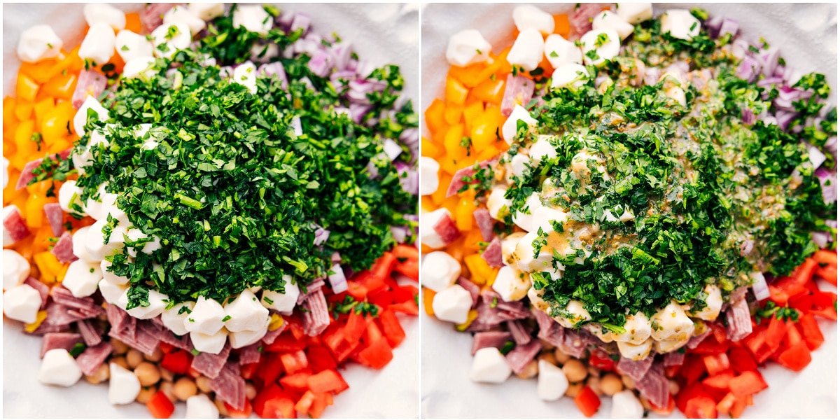 Combine all the ingredients in a bowl and toss with the dressing.