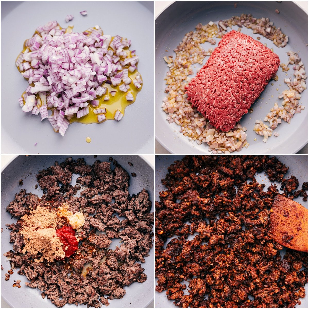 The onions are sautéed, then the ground beef is added, browned, and seasoned for these ground beef taco bowls.