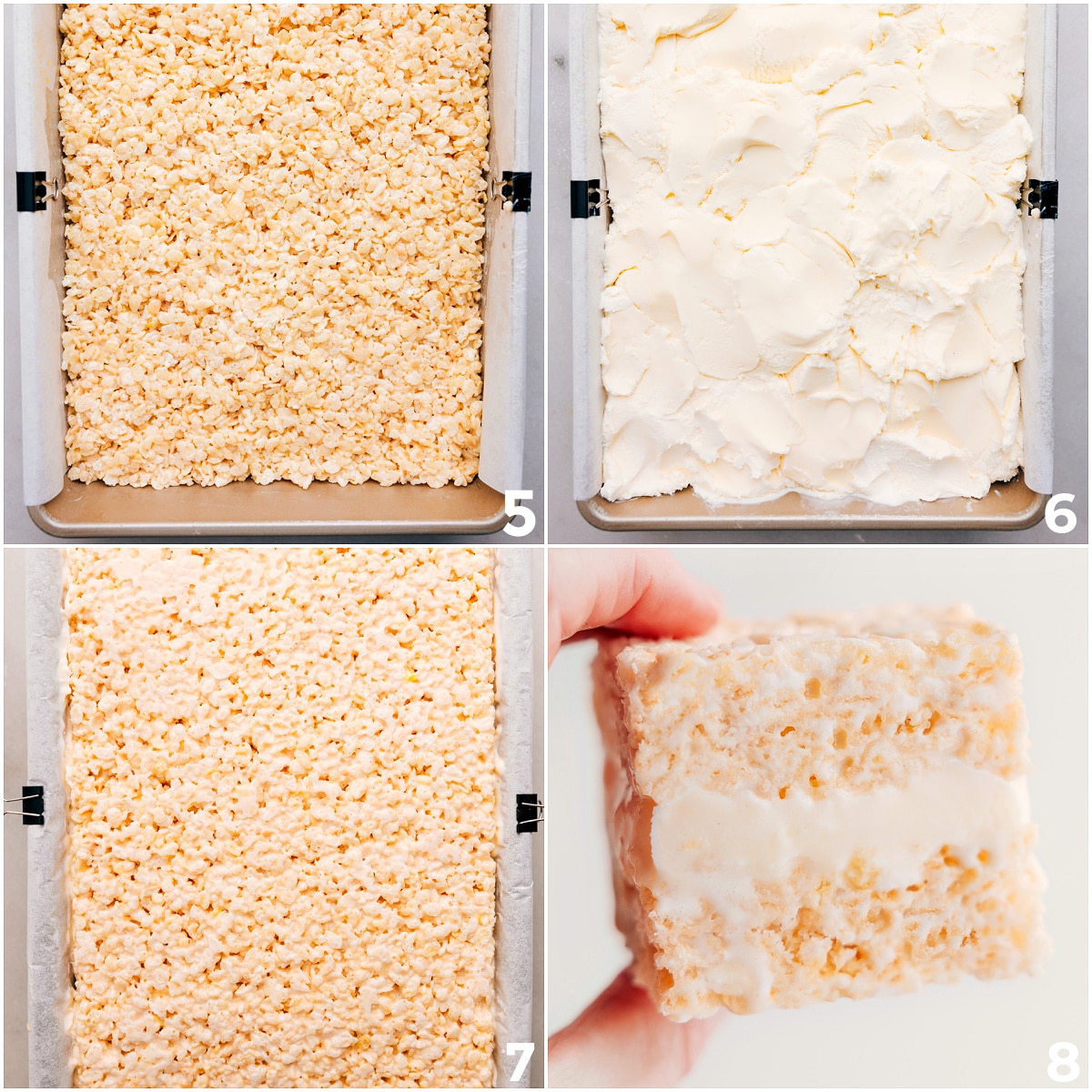 Press the Rice Krispies layer into a 9x13, add the ice cream, and top with the final layer of Rice Krispies treats for these ice cream sandwiches.