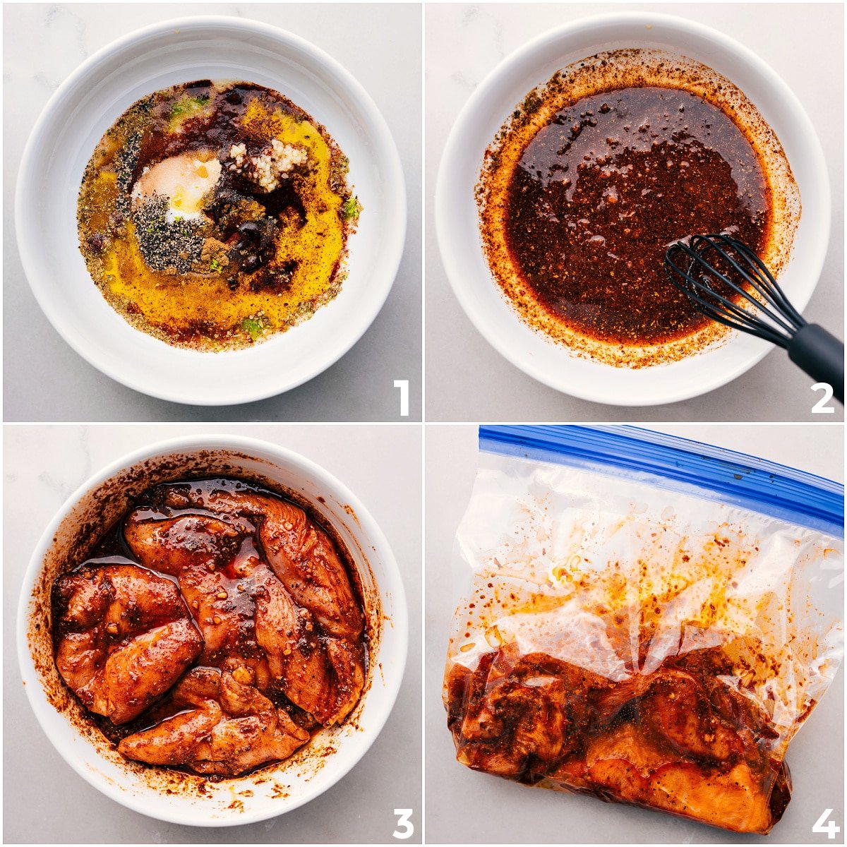 All the chicken taco marinade ingredients whisked together in a bowl, the meat coated in the marinade, then added to a bag to marinate longer.