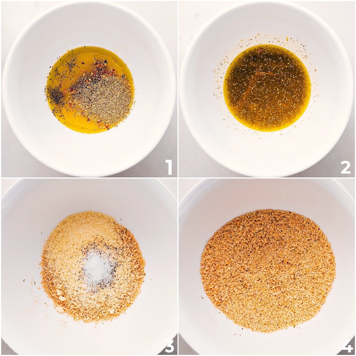The marinade is mixed in one bowl, and the crispy breadcrumb topping comes together in another for this Chicken Spiedini.