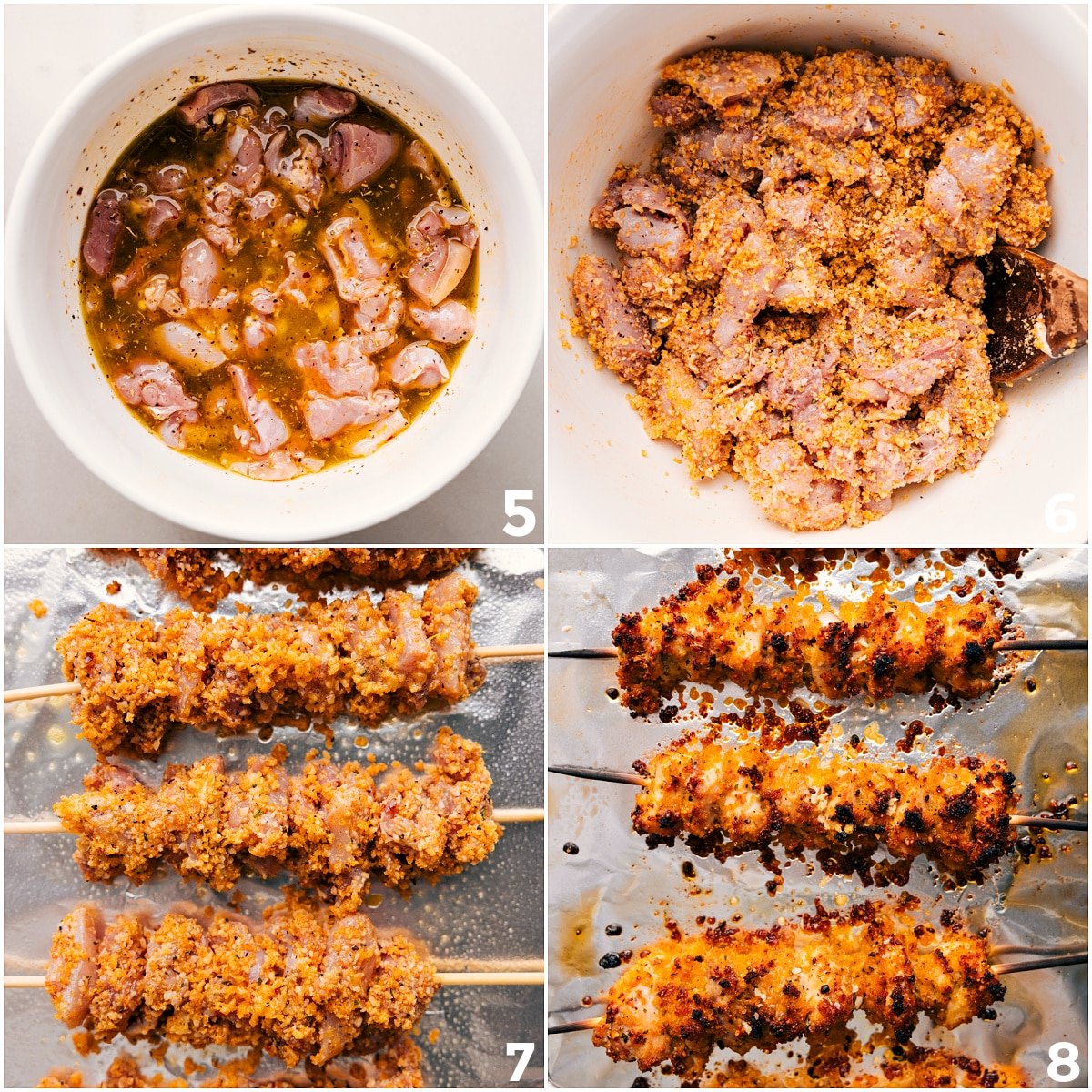The chicken goes into the marinade, gets coated in the breadcrumb topping, then gets skewered and baked.