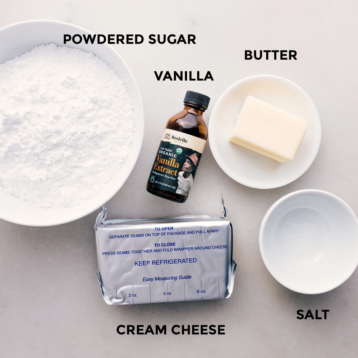 The frosting layer ingredients prepped out for easy assembly for this fruit pizza recipe.