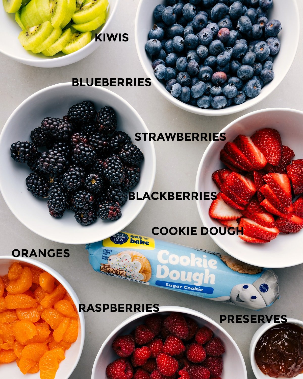 I prepped all the ingredients ahead—fruit, cookie dough, and preserves—so it’s easy to assemble.