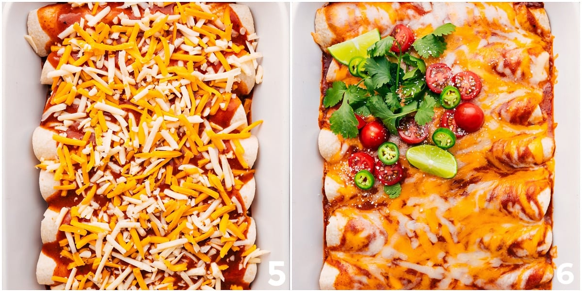Meat added to tortillas, topped with sauce and cheese, then baked for this recipe.